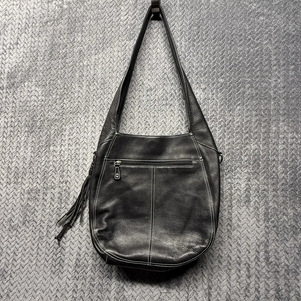 Tiganello Black Pebbled Leather Hobo‎ Shoulder Bag Tassel Handbag Purse